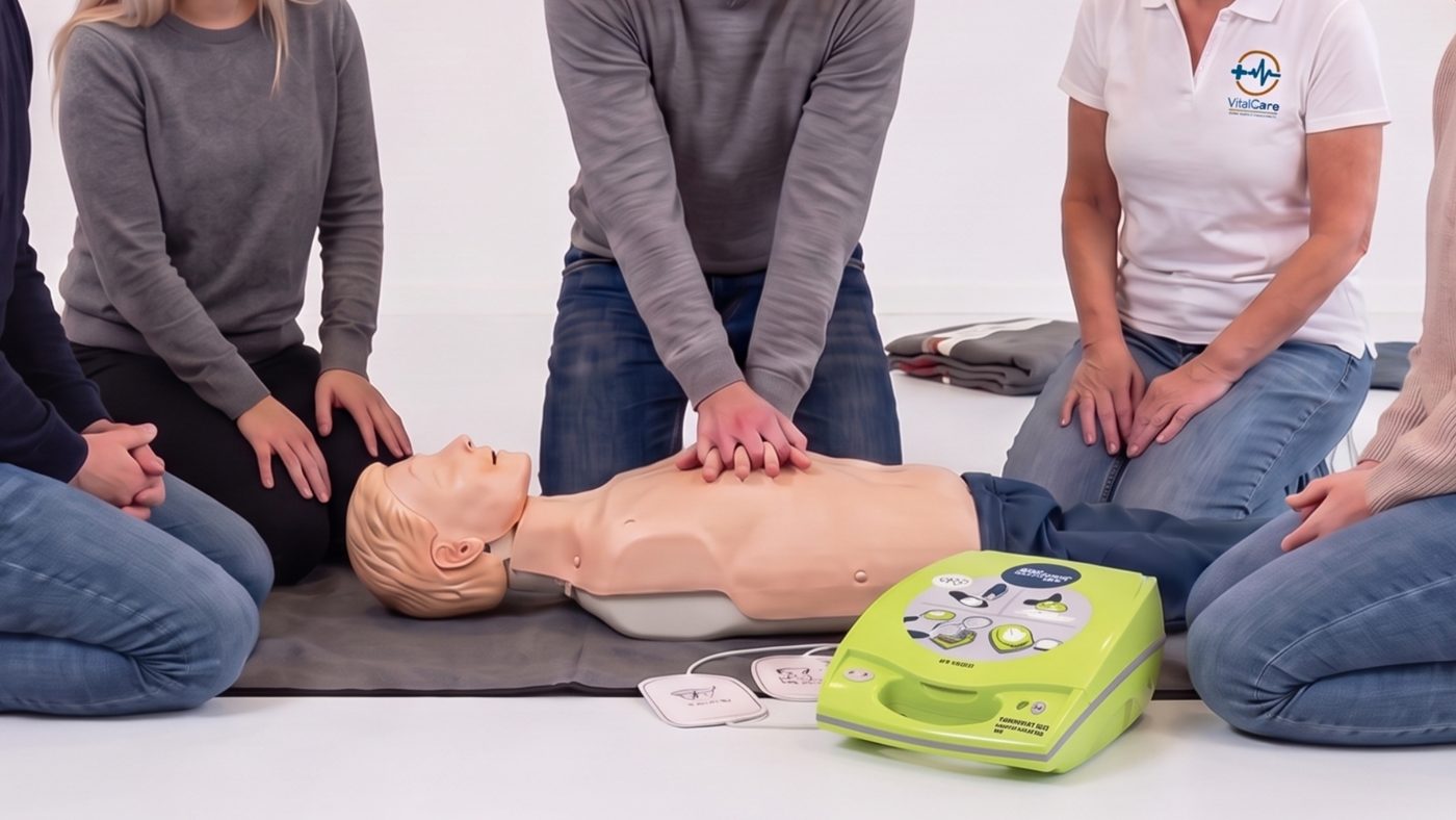 Kursusdeltagere øver hjerte-lunge-redning på en dukke med hjertestarter